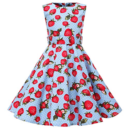 SXSHUN Mädchen Retro Vintage Rockabilly Kleid Partykleider Cocktailkleider Im 50er-Jahre-Stil, Blau + Weiße Erdbeere, 116 (Etikettengröße:120) von SXSHUN