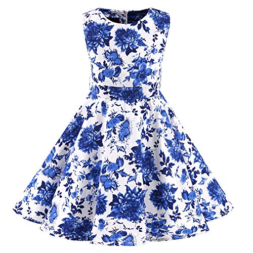 SXSHUN Mädchen Retro Vintage Rockabilly Kleid Partykleider Cocktailkleider Im 50er-Jahre-Stil, Blauweißes Porzellan, 116 (Etikettengröße:120) von SXSHUN