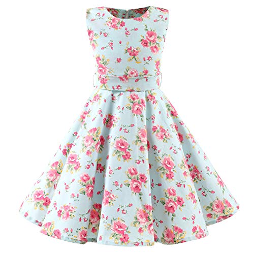 SXSHUN Mädchen Retro Vintage Rockabilly Kleid Partykleider Cocktailkleider Im 50er-Jahre-Stil, Minzegrüne Blume, 116 (Etikettengröße:120) von SXSHUN