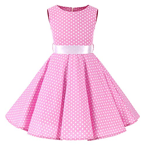 SXSHUN Mädchen Retro Vintage Rockabilly Kleid Partykleider Cocktailkleider Im 50er-Jahre-Stil, Rosa + Weiß Punkt, 104/110 (EtikettengrößeXS) von SXSHUN