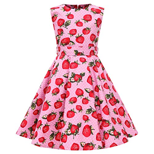 SXSHUN Mädchen Retro Vintage Rockabilly Kleid Partykleider Cocktailkleider Im 50er-Jahre-Stil, Rosa + Weiße Erdbeere, 116 (Etikettengröße:120) von SXSHUN