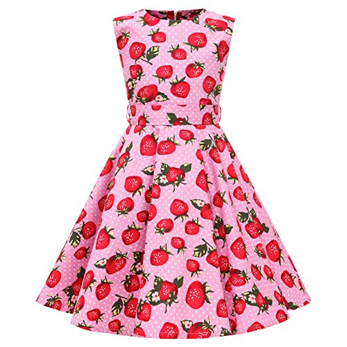 SXSHUN Mädchen Retro Vintage Rockabilly Kleid Partykleider Cocktailkleider Im 50er-Jahre-Stil, Rosa + Weiße Erdbeere, 122/128 (Etikettengröße:130) von SXSHUN