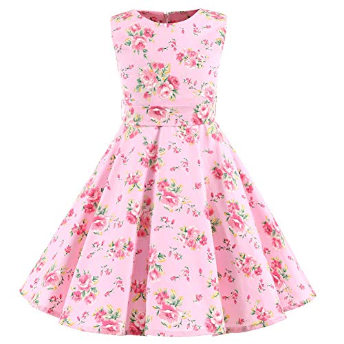 SXSHUN Mädchen Retro Vintage Rockabilly Kleid Partykleider Cocktailkleider Im 50er-Jahre-Stil, Rosa Blumen, 104/110 (Etikettengröße:110) von SXSHUN