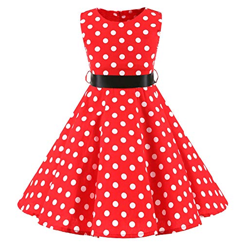 SXSHUN Mädchen Retro Vintage Rockabilly Kleid Partykleider Cocktailkleider Im 50er-Jahre-Stil, Rot + Weiß Punkt, 104/110 (Etikettengröße:110) von SXSHUN