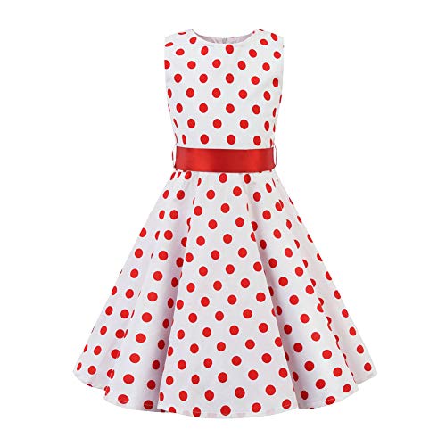 SXSHUN Mädchen Retro Vintage Rockabilly Kleid Partykleider Cocktailkleider Im 50er-Jahre-Stil, Rot Punkt, 104/110 (Etikettengröße:110) von SXSHUN