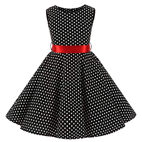 SXSHUN Mädchen Retro Vintage Rockabilly Kleid Partykleider Cocktailkleider Im 50er-Jahre-Stil, Schwarz + Weiß Punkt, 134/140 (Etikettengröße:140) von SXSHUN