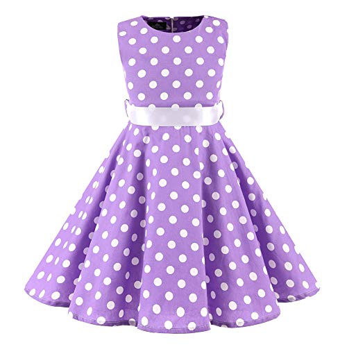 SXSHUN Mädchen Retro Vintage Rockabilly Kleid Partykleider Cocktailkleider Im 50er-Jahre-Stil, Violett + Weiß Punkt, 104/110 (Etikettengröße:110) von SXSHUN