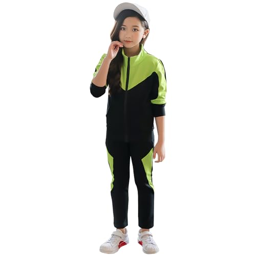 SXSHUN Mädchen Trainingsanzug Kinder Jogginganzug Sportanzug Zweiteiliges Bekleidungsset Freizeit Anzug Sportjacke&Sweathose, Grün, 122-128 von SXSHUN