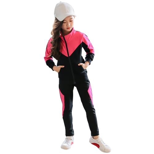 SXSHUN Mädchen Trainingsanzug Kinder Jogginganzug Sportanzug Zweiteiliges Bekleidungsset Freizeit Anzug Sportjacke&Sweathose, Rosa, 104-110 von SXSHUN