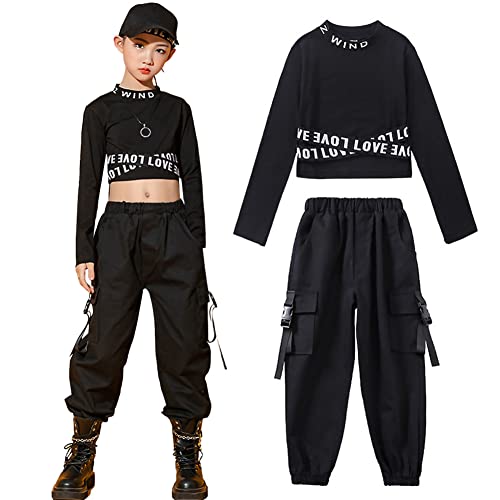 SXSHUN Mädchen Trainningsanzug Hip Hop Kleidung 2tlg Kinder Street Dance Outfit Crop Tops + Cargohose T-Shirt Baggy Jogginghose Tanzkleidung Frühling Sommer Anzüge, Schwarz, 104-110 von SXSHUN