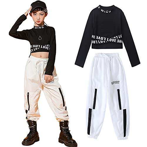 SXSHUN Mädchen Trainningsanzug Hip Hop Kleidung 2tlg Kinder Street Dance Outfit Crop Tops + Cargohose T-Shirt Baggy Jogginghose Tanzkleidung Frühling Sommer Anzüge, Schwarz, 116 von SXSHUN