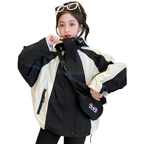 SXSHUN Mädchen Übergangsjacke Kinder Jacke mit Kapuze Mantel mit Reißverschluss Winddichte Outdoorjacke mit Umhängetasche Frühling und Herbst 5-14 Jahre, Schwarz, 152-158 von SXSHUN