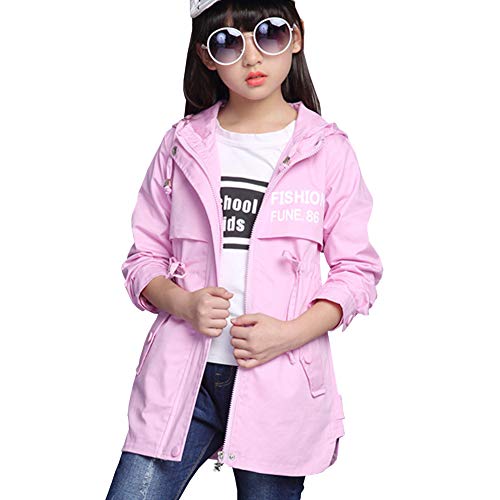 SXSHUN Mädchen Windjacke Kinder Klassische Jacke Übergangsjacke Mit Kordelzug Winddicht Jacke Outdoorjacke Kapuzenmantel Frühling Herbst, Rose Red, 9-10 Jahre(Größenetikett:134-140) von SXSHUN