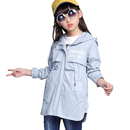 SXSHUN Mädchen Windjacke Kinder Klassische Jacke Übergangsjacke Mit Kordelzug Winddicht Jacke Outdoorjacke Kapuzenmantel Frühling Herbst, grau, 9-10 Jahre(Größenetikett:134-140) von SXSHUN