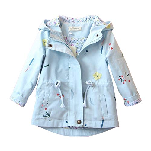 SXSHUN Mädchen Übergangsjacke Windjacke Mit Kapuze Und Blumenstickerei Trenchcoat Kapuzenmantel Windmantel Frühlingsjacke Frühling Herbst Mantel, Hellblau, 116(Etikettengröße:120) von SXSHUN