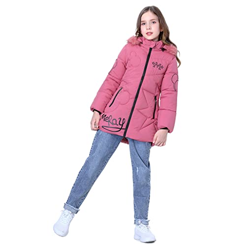 SXSHUN Mädchen Winterjacke mit Abnehmenbarer Fellkapuze Kinder Wintermantel Kälteschutz Warm Verdickte Daunenjacke Daunenmantel Parka, Rosa, 146 (Etikettengröße:3XL) von SXSHUN