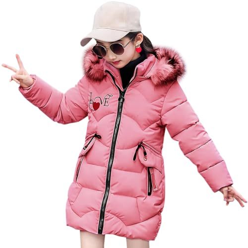 SXSHUN Mädchen Winterjacke mit Abnehmenbarer Fellkapuze Kinder Wintermantel Kälteschutz Warm Verdickte Daunenjacke Daunenmantel Parka, Rosa, 152-158 (Etikettengröße:4XL) von SXSHUN