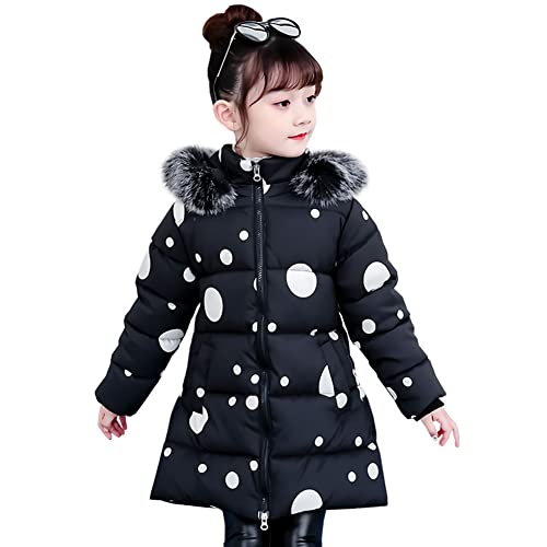 SXSHUN Polka Dot Winterjacke Mädchen Wintermantel Kinder Jacke mit Fellkapuze Verdickte Warm Kapuzenparka Hübsch Outdoorjacke, Schwarz, 122-128 von SXSHUN