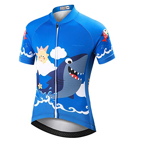 SXSHUN Radsport Bekleidung- Kinder Jungen/Mädchen Radtikot Fahrradtrikot Radshirt Fahrradfahren Jersey Radfahjren Obeiteil Bike Top mit Kurzarm, Blue Shark Shirts, 8-9 Jahre(Label: L) von SXSHUN