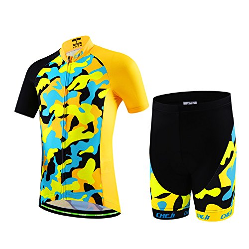 SXSHUN Radtrikot Set 2tlg Kinder atmungsaktiver Fahrradanzug Kurzarm Fahrradhemd + mit Sitzpolster Radhose schnell trocknendem Material Jungen Mädchen, gelb Tarnung, 146 von SXSHUN