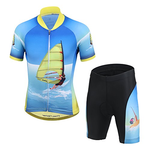 SXSHUN Radtrikot Set Fahrrad Anzüge Kinder atmungsaktiver Fahrradanzug Kurzarm Fahrradhemd + mit Sitzpolster Radhose schnell trocknendem Material Jungen Mädchen, Boot, 152-158 von SXSHUN