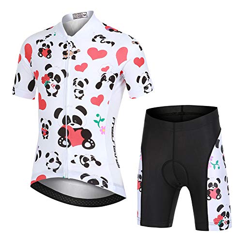 SXSHUN Radtrikot Set Fahrrad Anzüge Kinder atmungsaktiver Fahrradanzug Kurzarm Fahrradhemd + mit Sitzpolster Radhose schnell trocknendem Material Jungen Mädchen, Herz Panda, 104-110 von SXSHUN