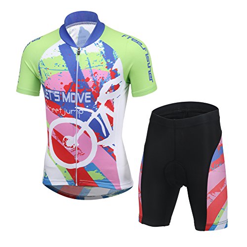 SXSHUN Radtrikot Set Fahrrad Anzüge Kinder atmungsaktiver Fahrradanzug Kurzarm Fahrradhemd + mit Sitzpolster Radhose schnell trocknendem Material Jungen Mädchen, LET`S MOVE, 134-140 von SXSHUN