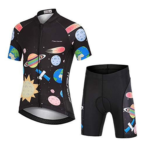 SXSHUN Radtrikot Set Fahrrad Anzüge Kinder atmungsaktiver Fahrradanzug Kurzarm Fahrradhemd + mit Sitzpolster Radhose schnell trocknendem Material Jungen Mädchen, Planet, 116 von SXSHUN