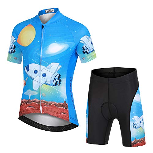SXSHUN Radtrikot Set Fahrrad Anzüge Kinder atmungsaktiver Fahrradanzug Kurzarm Fahrradhemd + mit Sitzpolster Radhose schnell trocknendem Material Jungen Mädchen, Satellit, 134-140 von SXSHUN