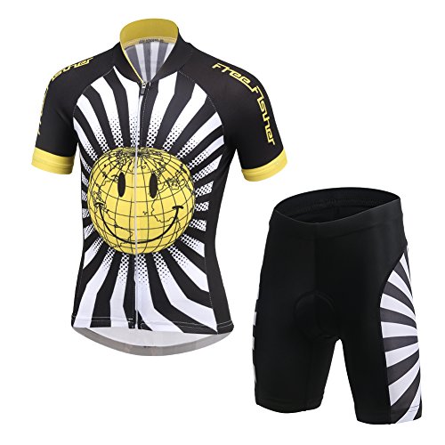 SXSHUN Radtrikot Set Fahrrad Anzüge Kinder atmungsaktiver Fahrradanzug Kurzarm Fahrradhemd + mit Sitzpolster Radhose schnell trocknendem Material Jungen Mädchen, Smiley, 122-128 von SXSHUN
