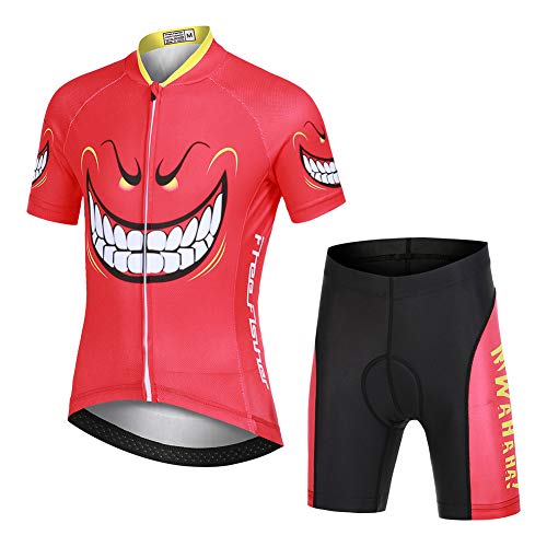 SXSHUN Radtrikot Set Fahrrad Anzüge Kinder atmungsaktiver Fahrradanzug Kurzarm Fahrradhemd + mit Sitzpolster Radhose schnell trocknendem Material Jungen Mädchen, Zähne, 122-128 von SXSHUN