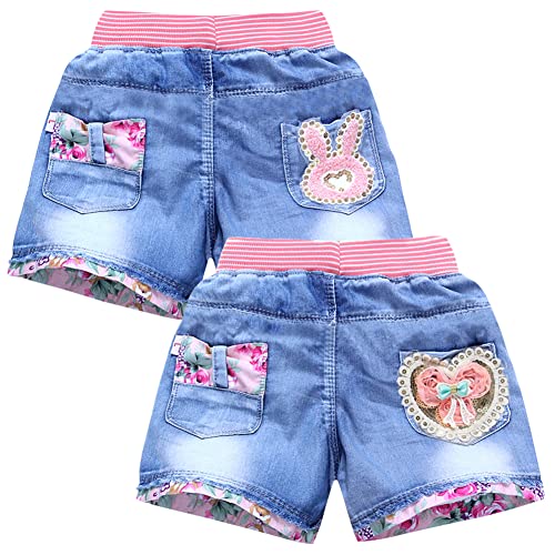 SXSHUN Shorts Mädchen Jeansshorts Kinder Denim Kurze Hose 2er-Pack Sommer Baumwolle Hosen mit Modische Druck, Kaninchen+Liebe, 134-140 von SXSHUN