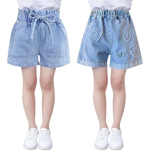 SXSHUN Shorts Mädchen Jeansshorts Kinder Denim Kurze Hose 2er-Pack Sommer Baumwolle Hosen mit Modische Druck, Schmetterling+Herzmuster, 134-140 von SXSHUN