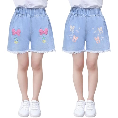 SXSHUN Shorts Mädchen Jeansshorts Kinder Denim Kurze Hose 2er-Pack Sommer Baumwolle Hosen mit Modische Druck, Schmetterling+Kaninchen, 98 von SXSHUN