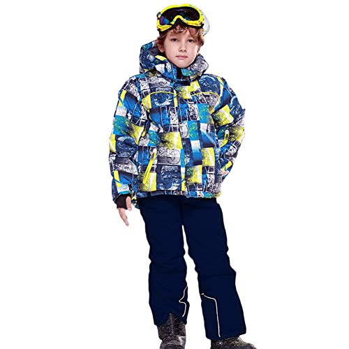 SXSHUN Skianzug für Jungen 2 Teilig Skijacke+ Skihose Wasserdicht Atmungsaktiv Kinder Mädchen Schneeanzug mit Kapuze Fleece gefüttert Winterset, Blaues Top+dunkelblaue Hose, 170-176 von SXSHUN