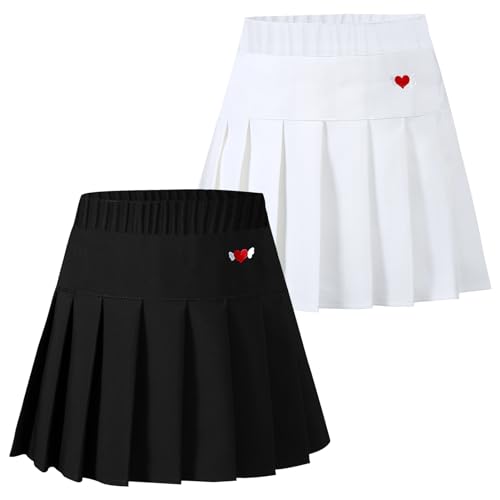 SXSHUN Tennisrock Mädchen A-Linie Faltenrock mit Innenshorts Schuluniform Plissee Rock mit Elastische Taille 2er/1er-Pack Skater Sportrock Baumwolle Minirock, 134-140 von SXSHUN