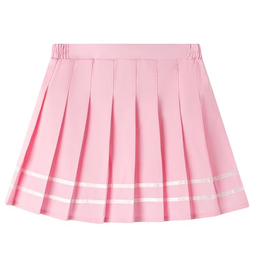 SXSHUN Tennisrock Mädchen Kinder A-Linie Faltenrock mit Innenshorts Schuluniform Plissee Rock mit Elastische Taille Basic Sportrock Uniform Minirock, Rosa, L(140-150CM) von SXSHUN