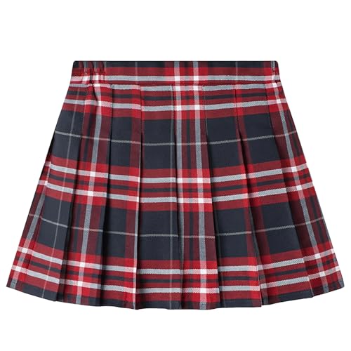 SXSHUN Tennisrock Mädchen Kinder A-Linie Faltenrock mit Innenshorts Schuluniform Plissee Rock mit Elastische Taille Basic Sportrock Uniform Minirock, Rot kariert, L(140-150CM) von SXSHUN