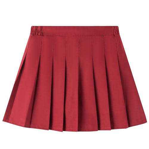 SXSHUN Tennisrock Mädchen Kinder A-Linie Faltenrock mit Innenshorts Schuluniform Plissee Rock mit Elastische Taille Basic Sportrock Uniform Minirock, Weinrot, 2XL(180CM) von SXSHUN