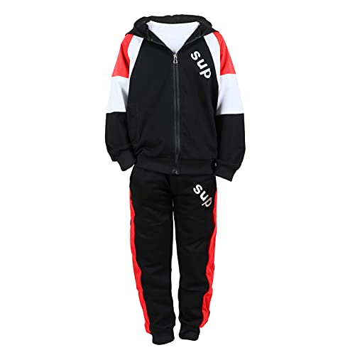 SXSHUN Trainingsanzüge Jungen Kinder 2tlg Sweatjacke Jogginganzug Jogginghose Bekleidungsset Mit Kapuze Sportanzug Zweiteiler Frühling und Herbst, Schwarz-3tlg, 164 von SXSHUN