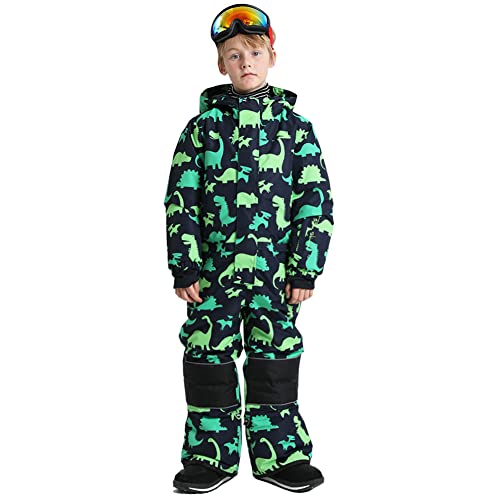 SXSHUN Unisex Kinder Schneeanzug mit Kapuze Mädchen Skianzug Cartoon Skioverall Winddicht Wasserdicht Outfit Set für Jungen, 83095 schwarz+grün, 158-164 von SXSHUN