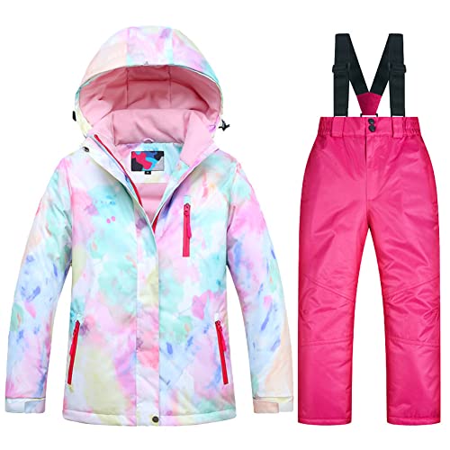 SXSHUN Unisex Kinder Schneeanzug mit Kapuze Skijacke + Skihose 2 teilig Verdickte Atmungsaktiv Skianzug Jungen Mädchen Skioverall Winteranzug, W+Rosenrot, 140-146 von SXSHUN