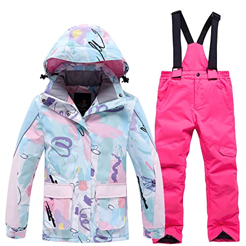 SXSHUN Unisex Kinder Skianzug mit Kapuze Schneeanzug Mädchen Jungen Funktionsanzug 2 teilig Schneejacke + Schneehose Wasserdicht Verdickte, 102-1 Hellrosa Hose, 146-152 von SXSHUN