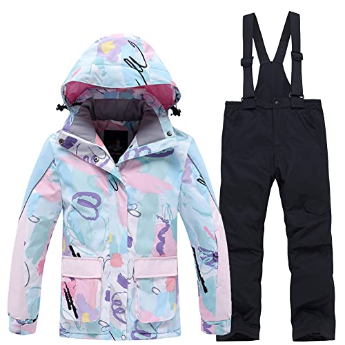 SXSHUN Unisex Kinder Skianzug mit Kapuze Schneeanzug Mädchen Jungen Funktionsanzug 2 teilig Schneejacke + Schneehose Wasserdicht Verdickte, 102-1 Schwarze Hose, 116-122 von SXSHUN