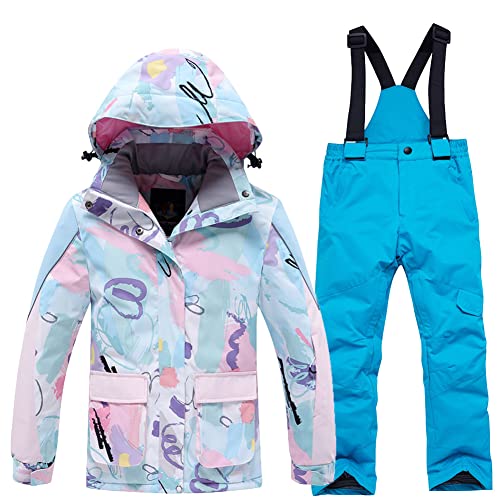 SXSHUN Unisex Kinder Skianzug mit Kapuze Schneeanzug Mädchen Jungen Funktionsanzug 2 teilig Schneejacke + Schneehose Wasserdicht Verdickte, 102-1 hellblaue Hose, 146-152 von SXSHUN