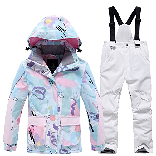 SXSHUN Unisex Kinder Skianzug mit Kapuze Schneeanzug Mädchen Jungen Funktionsanzug 2 teilig Schneejacke + Schneehose Wasserdicht Verdickte, 102-1 weiße Hose, 128 von SXSHUN