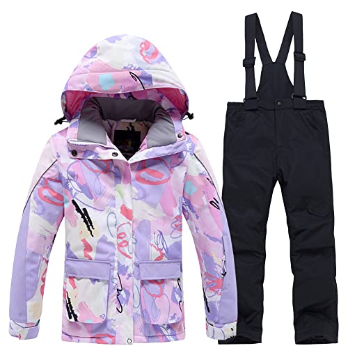 SXSHUN Unisex Kinder Skianzug mit Kapuze Schneeanzug Mädchen Jungen Funktionsanzug 2 teilig Schneejacke + Schneehose Wasserdicht Verdickte, 102-2 Schwarze Hose, 134-140 von SXSHUN