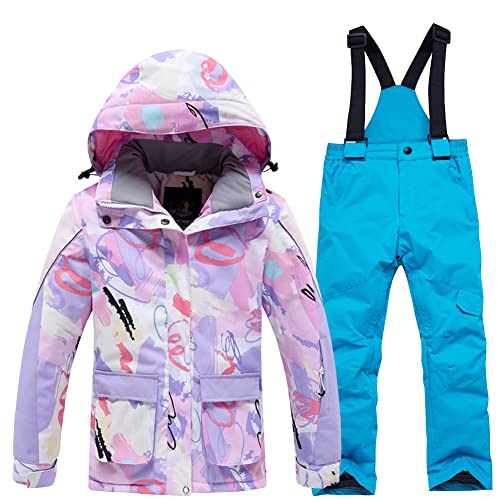 SXSHUN Unisex Kinder Skianzug mit Kapuze Schneeanzug Mädchen Jungen Funktionsanzug 2 teilig Schneejacke + Schneehose Wasserdicht Verdickte, 102-2 hellblaue Hose, 134-140 von SXSHUN