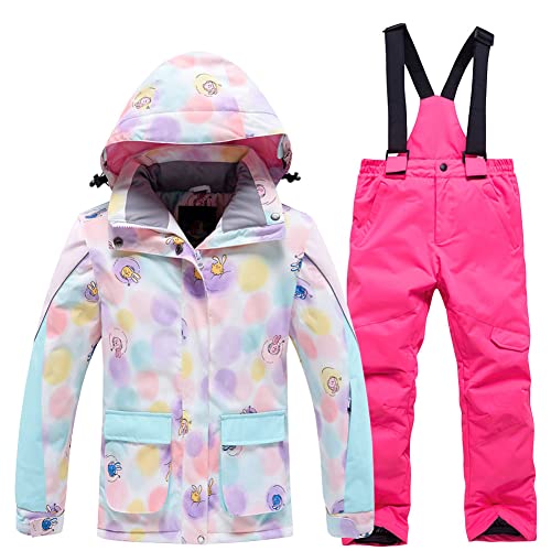 SXSHUN Unisex Kinder Skianzug mit Kapuze Schneeanzug Mädchen Jungen Funktionsanzug 2 teilig Schneejacke + Schneehose Wasserdicht Verdickte, 102-3 Hellrosa Hose, 128 von SXSHUN