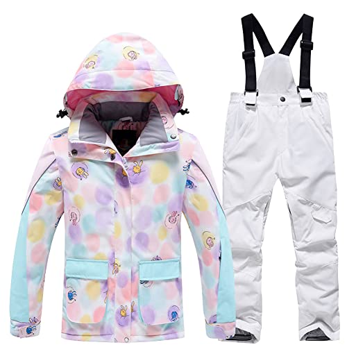 SXSHUN Unisex Kinder Skianzug mit Kapuze Schneeanzug Mädchen Jungen Funktionsanzug 2 teilig Schneejacke + Schneehose Wasserdicht Verdickte, 102-3 weiße Hose, 116-122 von SXSHUN